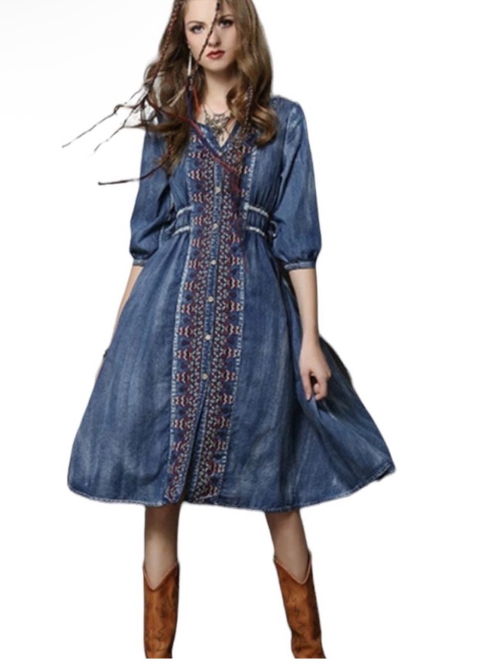 Vintage Keer Qiaowa Cross Stitch Midi Denim Dress Size M - Picture 3 of 6